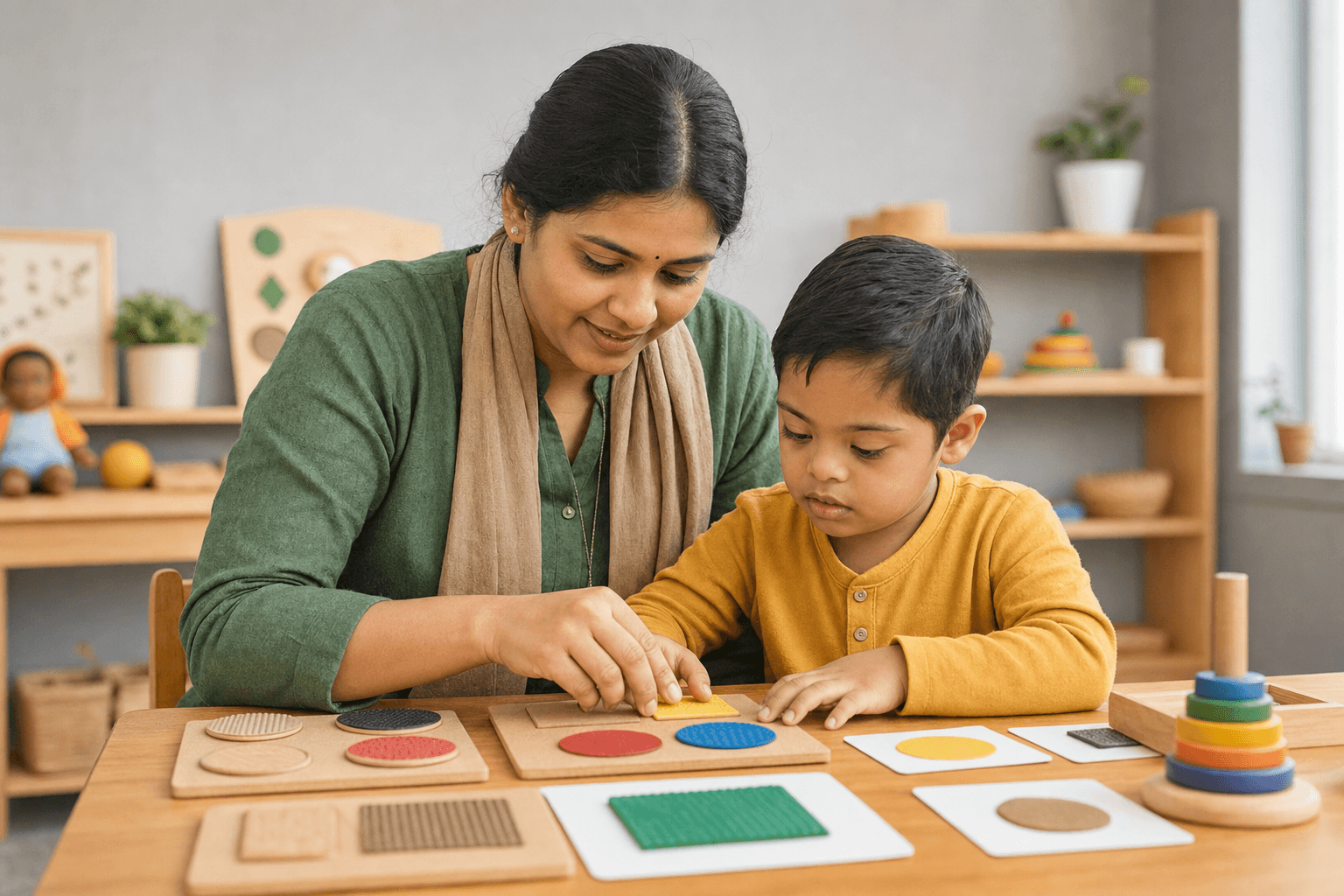 Indian special educator guiding a child with tactile learning materials