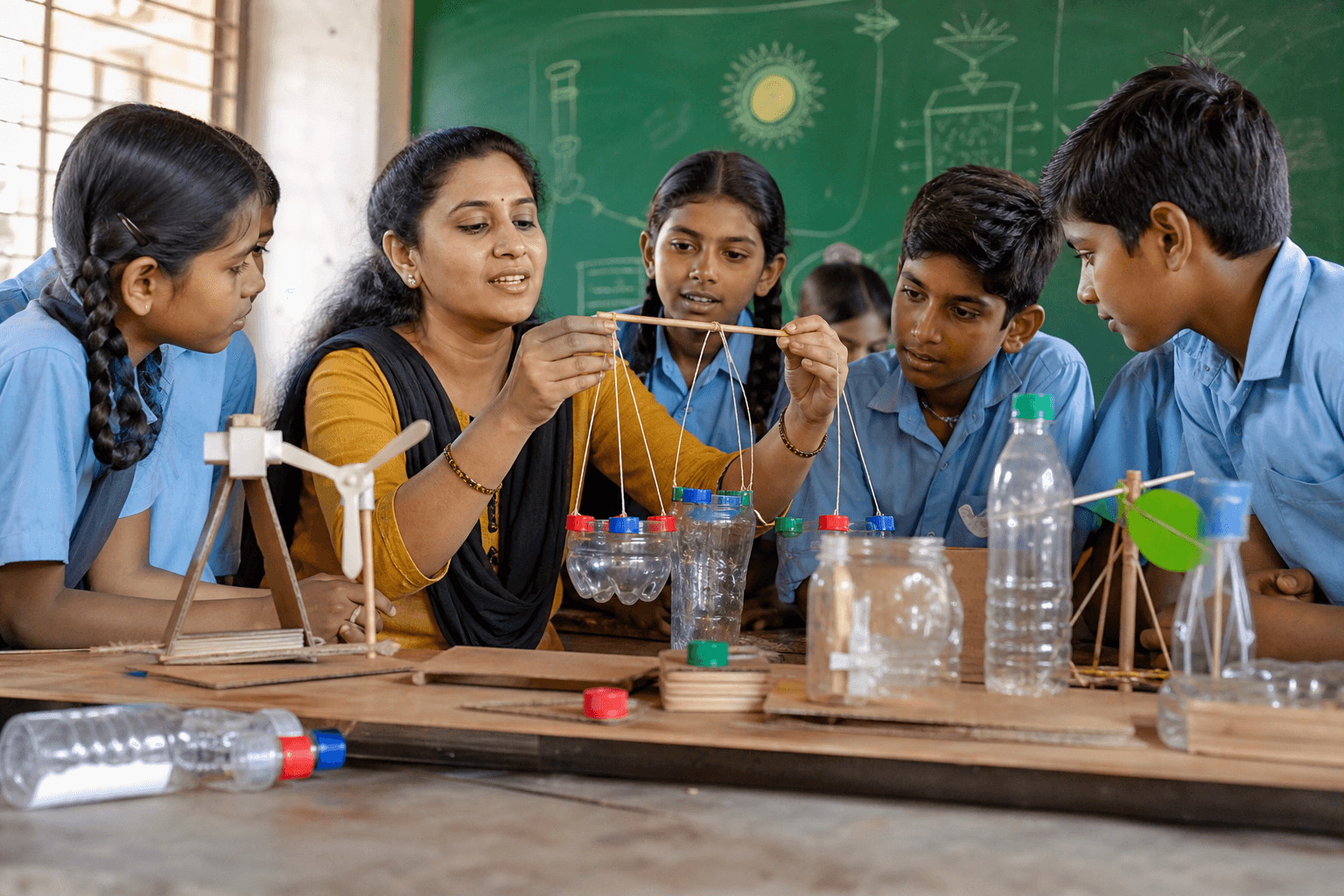 Teacher demonstrating a low-cost science model with students