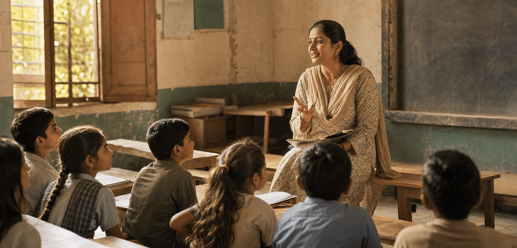Indian teacher telling a story to students in a warm classroom